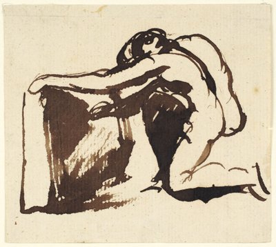 En naken figur som sitter på knä och skriver på en stor tavla av George Romney