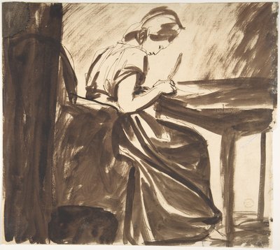 Kvinna sittande vid ett bord (framsidan); Dansande figurer (baksidan) av George Romney