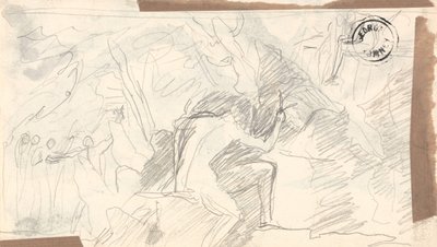 Naken man i en klippig vildmark med figurer i fjärran av George Romney