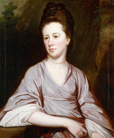 Porträtt av Miss Joan Knatchbull, sittande halvlängd iklädd en lila klänning och ett pärlhalsband, av George Romney