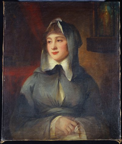 Porträtt av en dam, halvlängd, som en nunna, som håller ett radband, vid en helgedom i en interiör av George Romney