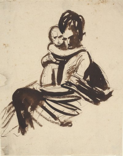 Porträttskiss av en sittande kvinna som håller ett barn i famnen av George Romney
