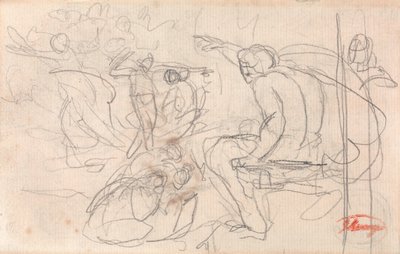 Möjligen sittande figur som uttalar dom över en knäböjande figur av George Romney