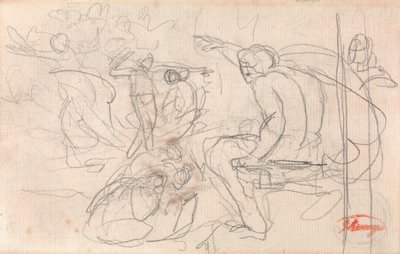 Sittande figur som avkunnar dom över en knästående figur av George Romney