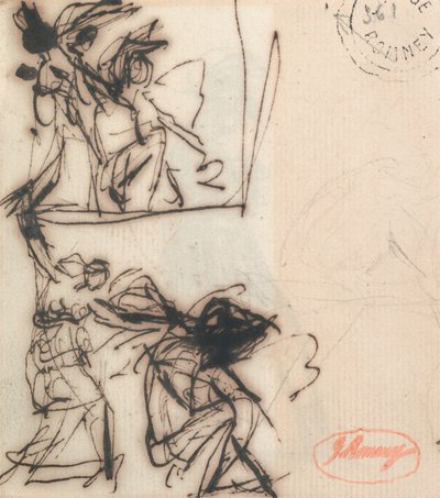 Stående figur med uppsträckt arm och sittande figur av George Romney