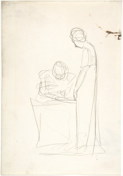 Studie av två figurer: den ena sittande, den andra stående (recto). Studie av ett uppåtblickande huvud (verso) av George Romney