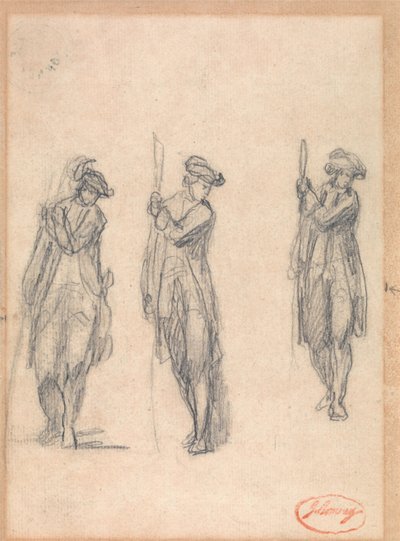 Tre skisser av en man i uniform av George Romney
