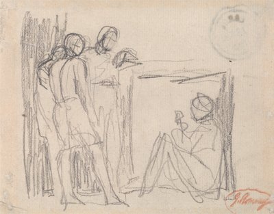 Tre stående figurer framför en sittande figur av George Romney