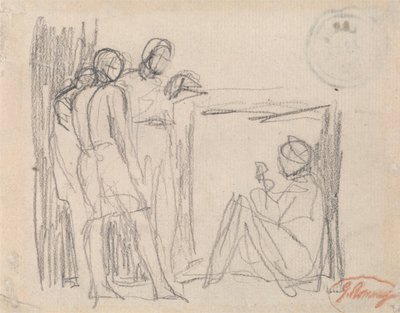 Tre stående figurer framför en sittande figur av George Romney