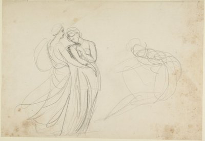Två kvinnogestalter framför en sittande person, studie till ”Två unga kvinnor som rådfrågar en spåkvinn av George Romney