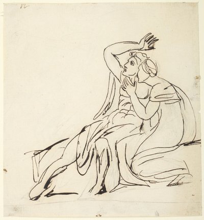 Två sittande figurer; Baksida: tre figurstudier av George Romney