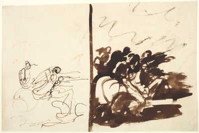Två studier av en grupp figurer som gestikulerar åt höger av George Romney