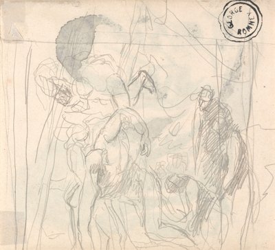 Oidentifierad person, figurer som brottas med vårdpersonal av George Romney