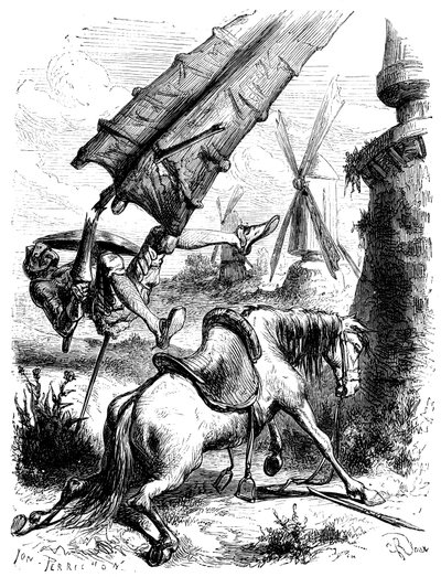 Kampen mot kvarnarna: Don Quijote och Rossinante kastas till marken av en kvarnvinge av George Roux