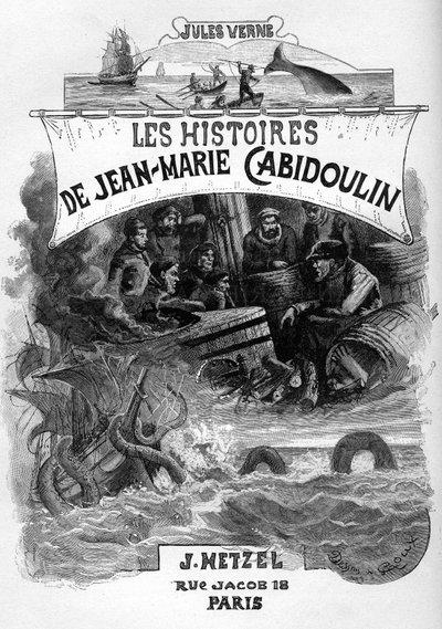 Frontispice till Jules Vernes roman "Les histoires de Jean-Marie Cabidoulin" (1901), Hetzel Collection/Extraordiaires, illustration av George Roux. "Framkallande av maritima scener: harpunering av en val, attack av ett fartyg av en sjöorm" av George Roux