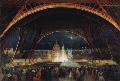 Nattfest på världsutställningen 1889, under Eiffeltornet, ca. 1889. av George Roux