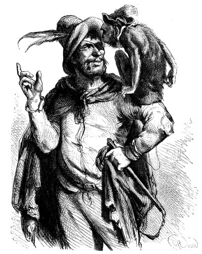 Illustration av George Roux (1853-1929) till Cervantes Don Quijote: Mäster Peter och hans apa - apan i litteraturen - av George Roux