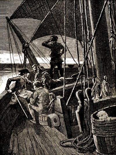 Jim Hawkins råkar höra ett samtal som avslöjar piratmyteriet av George Roux