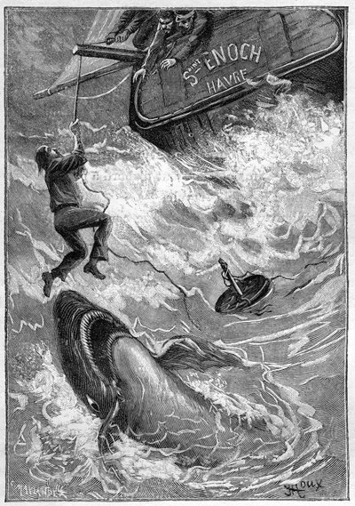 Jules Vernes roman "Les histoires de Jean-Marie Cabidoulin" (1901), Hetzel Collection/Extraordiaires, illustration av George Roux. "Sjöfartsscen: sjöman attackeras av haj i Stilla havet" av George Roux