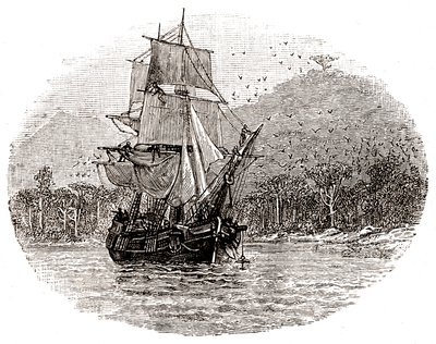 Fartyget Hispaniola kastar ankar utanför ön av George Roux