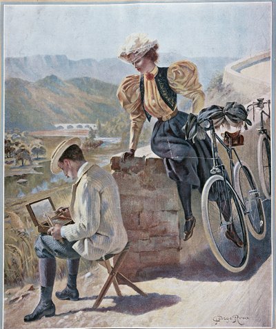 Akvarell och cykling - litografi av Georges Roux, v.1900 av George Roux