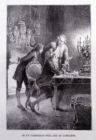 Unga Jim Hawkins, Chevalier Trelawnay och Doctor Livesey försonas i ett vardagsrum - i "L
