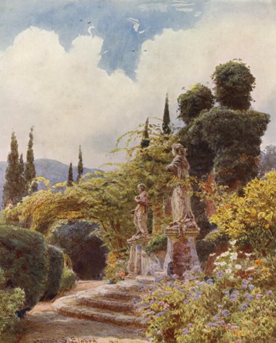 Italienska trädgårdar: Port, Villa Arson (färglitografi) av George Samuel Elgood