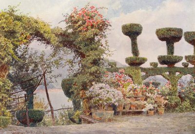 Italienska trädgårdar: La Badia, klostrets förgård (färglitografi) av George Samuel Elgood