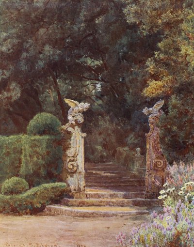 Italienska trädgårdar: Drakporten, Villa Garzoni (färglitografi) av George Samuel Elgood
