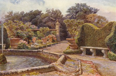 Italienska trädgårdar: Fontänen, Villa di Caniparola (färglitografi) av George Samuel Elgood