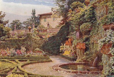 Italienska trädgårdar: Palazzo från parterren, Villa Palmieri (färglitografi) av George Samuel Elgood