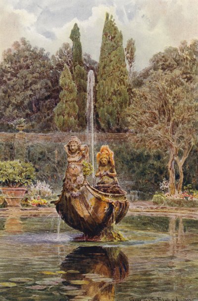 Italienska trädgårdar: Villa Aldobrandini, fontän i parterren (färglitografi) av George Samuel Elgood