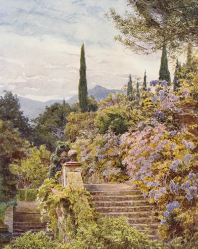Italienska trädgårdar: Wistaria, Villa Cavagnaro (färglitografi) av George Samuel Elgood