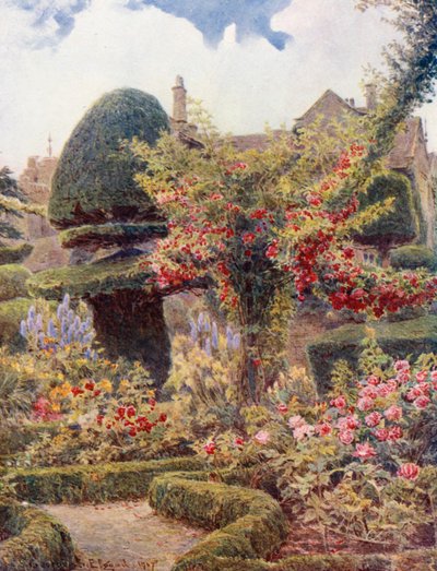 Rosenträdgården vid Levens Hall, Westmoreland (färglitografi) av George Samuel Elgood