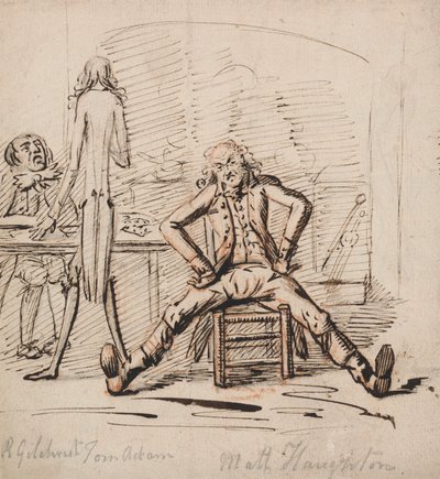 Tre män i ett rum: Gilchrist sitter vid ett bord, Tom Adam står, sedd bakifrån, och Matt Haughton sitter utspridda ben och armar Akimbo före en eld av George Shepheard
