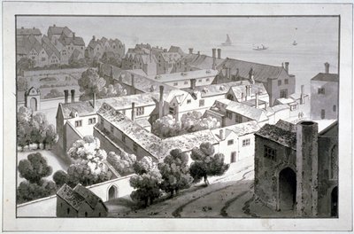 Fågelperspektiv av biskopen av Winchesters palats, Southwark, London, c1820. av George Shepherd