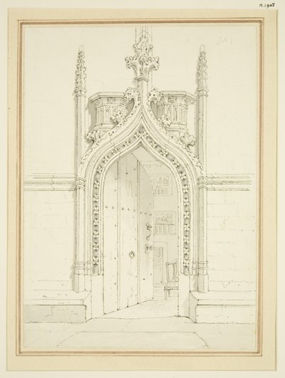 Dörröppningen till Vestry Room of St Mary Redcliffe, ca 1812 (penna och akvarell på papper) av George Shepherd