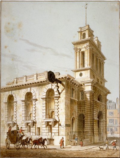 Nordvästlig utsikt över Church of St Mary Woolnoth, City of London, 1812 av George Shepherd