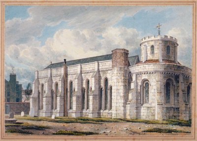 Utsikt över Temple Church från andra sidan kyrkogården, City of London, 1811 av George Shepherd