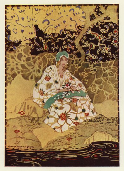 En mycket vacker flicka som sitter på stranden av strömmen (färg litho) av George Sheringham
