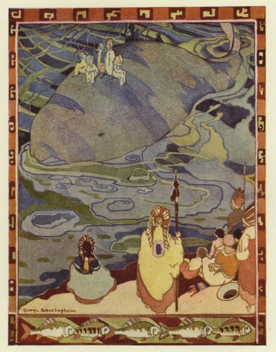 Glooskap samlade sitt folk på stranden och bad valarna att bära dem till sitt gamla hem (färg litho) av George Sheringham
