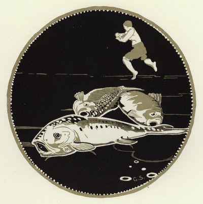 Han såg fyra stora fiskar ligga på isen (färg litho) av George Sheringham