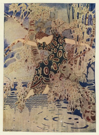 Hon klättrade in i ett träd som sträckte sig ut över vattnet (färg litho) av George Sheringham