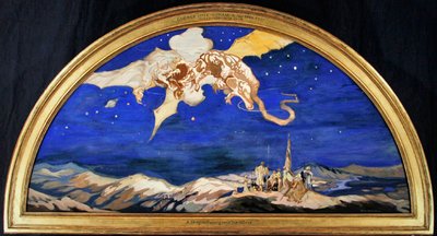 The Dragon Passing Over Travellers (akvarell med kroppsfärg & guld på siden) av George Sheringham