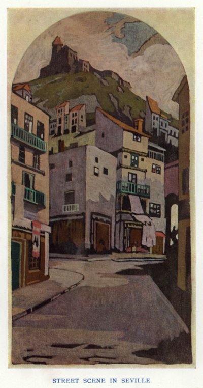 The Duenna av Sheridan: Street Scene in Sevilla (litho i färg) av George Sheringham
