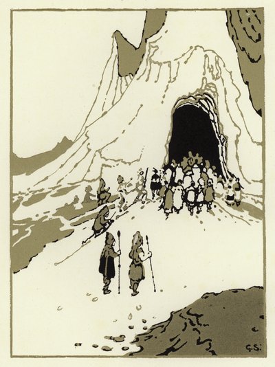 Folket gav sig ut för att hitta jättarna, snart kom de till sin grotta (färg litho) av George Sheringham
