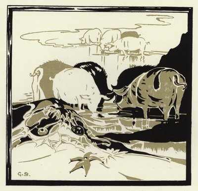 Grisarna kom grymtande över sanden (färg litho) av George Sheringham