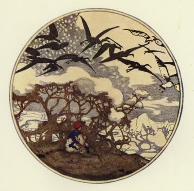Snön låg djupt på slätterna och många snöfåglar flög runt och letade efter mat (färg litho) av George Sheringham