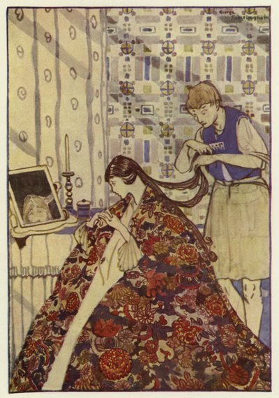 Sedan klädde han sin syster i bra kläder och tvättade och kammade hennes hår (färg litho) av George Sheringham