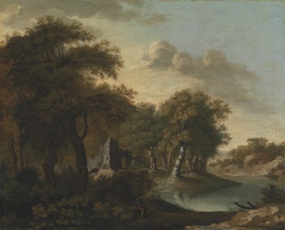 En vy nära Arundel, Sussex, med ruiner vid vatten av George Smith